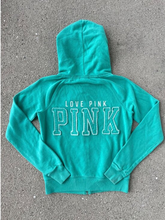 Victoria's Secret Pink Tops - Victoria’s Secret PINK Y2K Zip Up Hoodie XS Green Logo Spellout Tuscan Mom 2010s